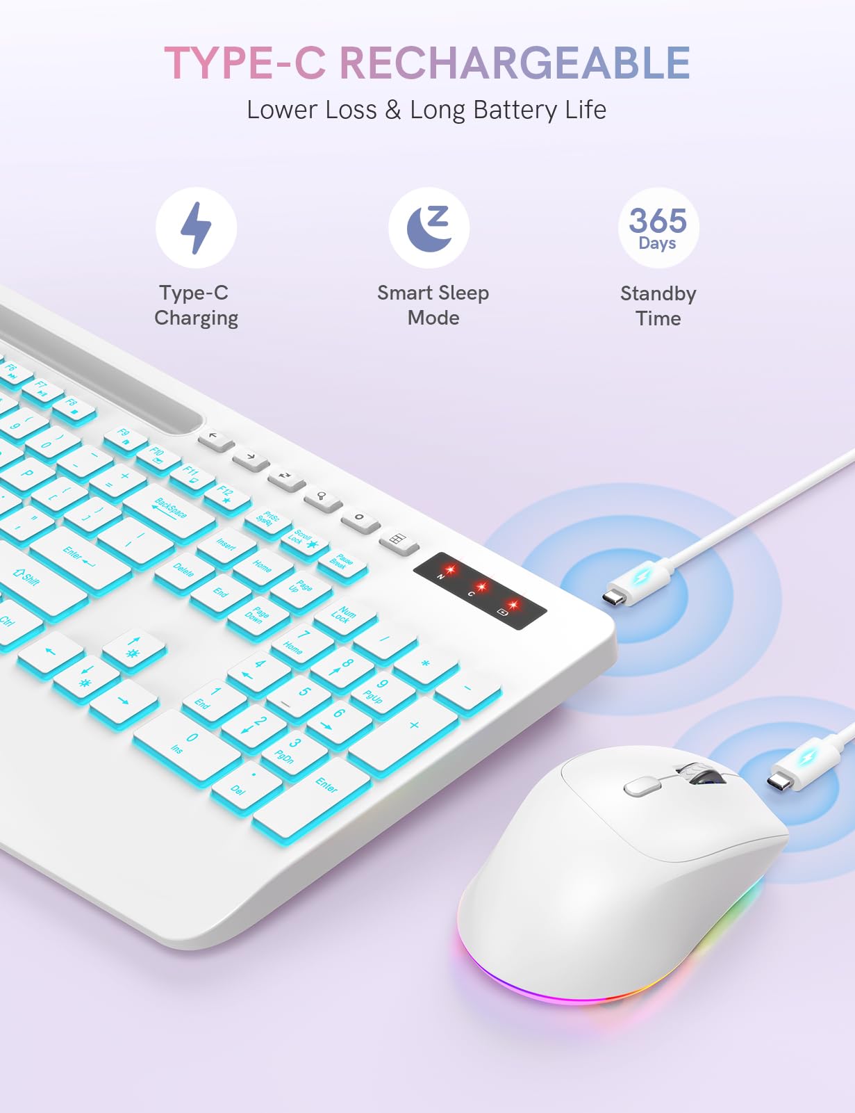 Wireless Keyboard and Mouse Combo with 7 Colored Backlits, Wrist Rest, Rechargeable Ergonomic Keyboard with Phone Holder, Silent Lighted Full Size Combo for Windows, Mac, PC, Laptop-Trueque (White)