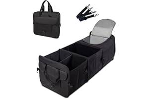 Vogano Trunk Organizer for SUV with cooler bag, Collapsible Multi-Compartment Car Organizers Foldable 600D Oxford Polyester (black-upgrade)