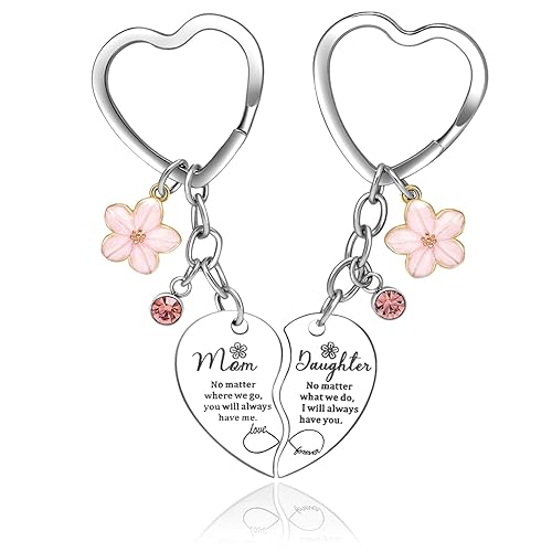 Smilelife Gifts for Mom Daughter 2 Pcs Pink Flower Rhinestone Charm Mother&Daughter Heart Matching Keychain