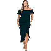 Xscape Womens Off The Shoulder Ruffle Sleeve Midi Dress (Plus) Special Occasion Dress