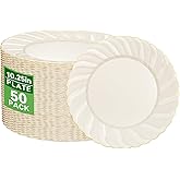 YOUBET 50 Pack Ivory Scalloped Plastic Plates 10.25 Inch Ivory Disposable Plates with Gold Rim - High End Elegant Vintage Dinner Plate for Birthday Parties & Wedding