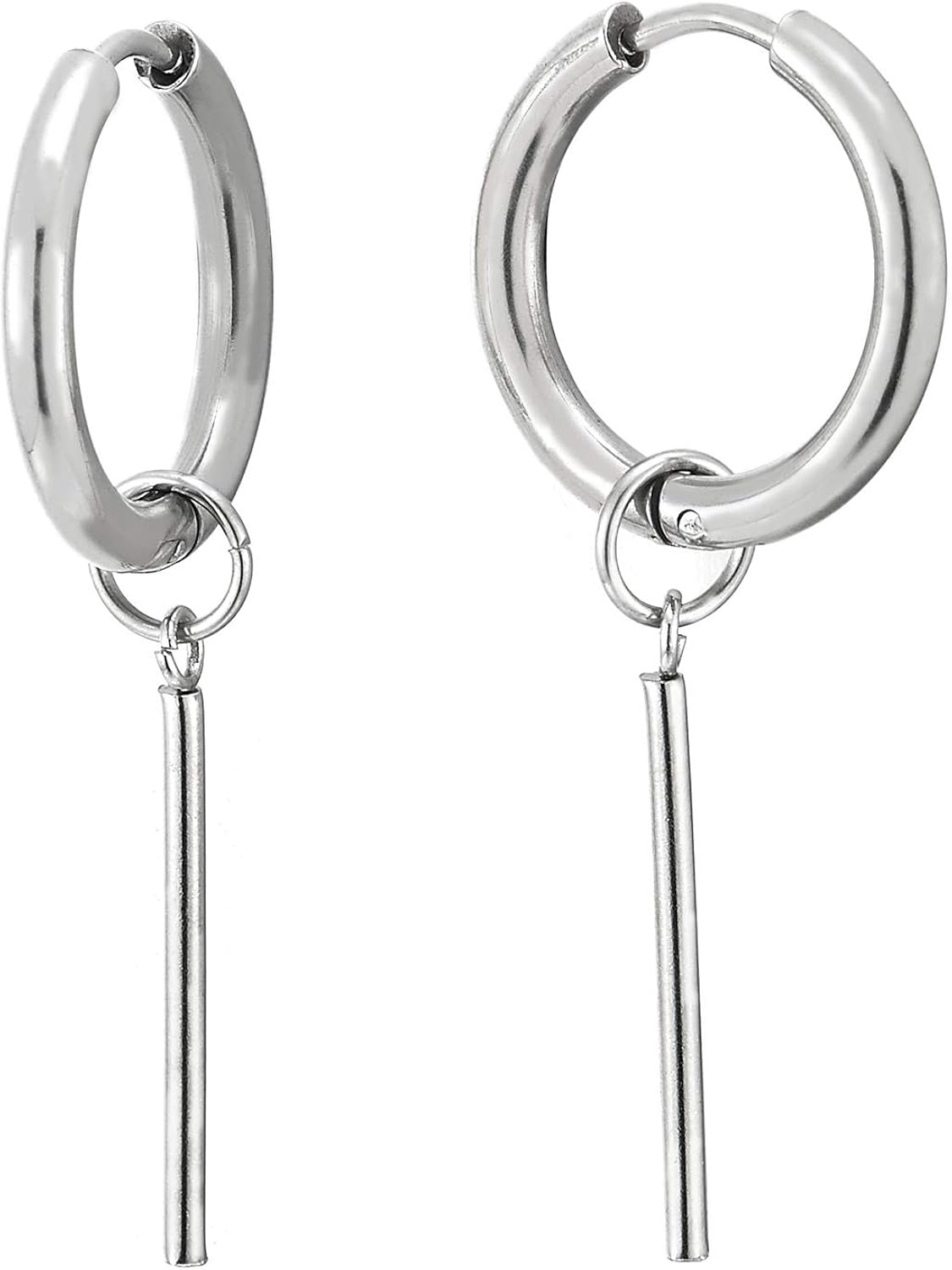 Stainless Steel Circle Huggie Hinged Hoop Earrings with Dangle Stick
