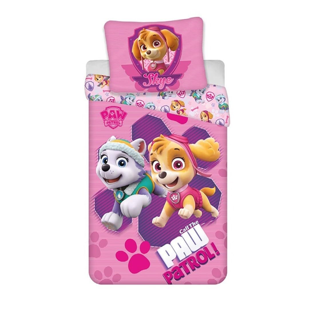 AYMAX Paw Patrol Pink Single Bedding Set, Reversible Duvet Cover 140 x 200 cm + Pillowcase 65 x 65 cm, Polycotton