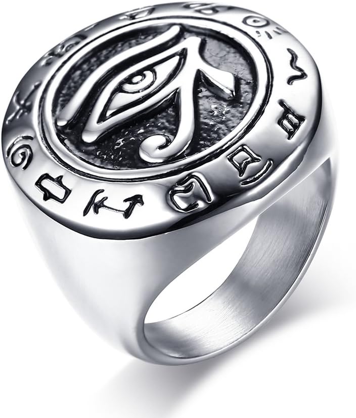 MP Stainless Steel Antique Egyptian Horus Eye Signet Ring Amulet Wedding Band for Men Silver,Size 8