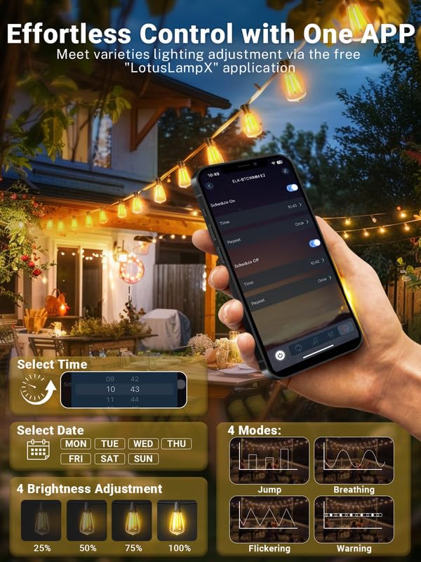 DREAMLAND 100FT Smart LED Outdoor String Lights, Remote Control Waterproof Patio Lights with Shatterproof ST38 Bulbs, Dimmable Outside Hanging Light for, Backyard, Garden, Porch, Bristo