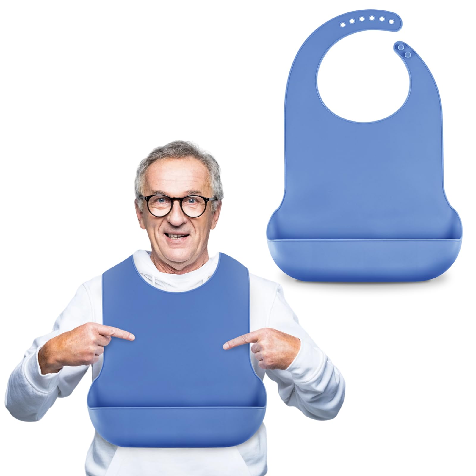 Photo 1 of TaoTazon Adjustable Silicone Adult Bib, Washable Bib for Men & Women, Waterproof Bib for Elderly with Crumb Catcher (Blue)