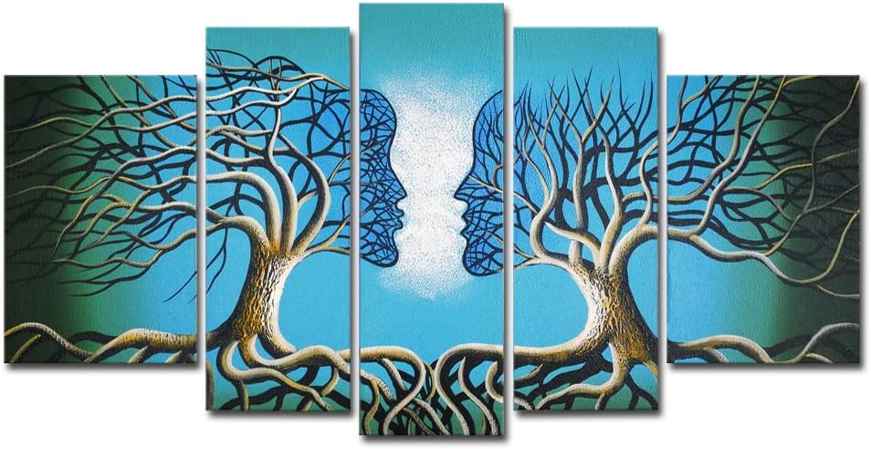 Paintings - Wieco Art - Blue Tree Human Body Extra Large Modern 100% Hand Painted Gallery Wrapped Contemporary Abstract Oil Paintings on Canvas Wall Art Work Ready to Hang for Living Room Home Decor XL