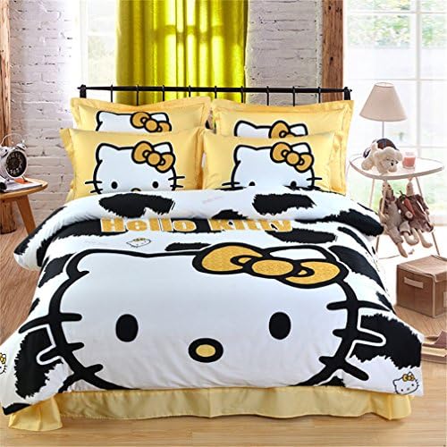 YiChen Home Textile Cartoon Kids Bedding Set Cute Cat Thicken Brushed Duvet Cover Fashion Teenager Fillet Bed Sheets Twin /Full/Queen/King Size 100% Cotton 4Pcs Bedding Sets(Full/Queen-Flat-color11)
