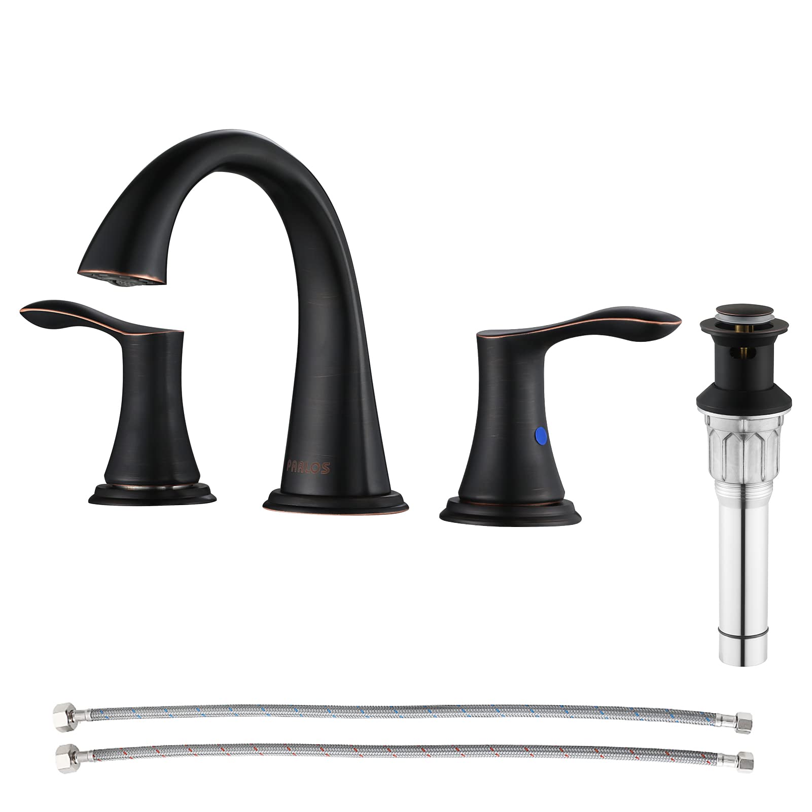 PARLOS 2 Handles Widespread Bathroom Faucet with Pop Up Sink Drain and Supply Lines, Oil Rubbed Bronze, Demeter，13648