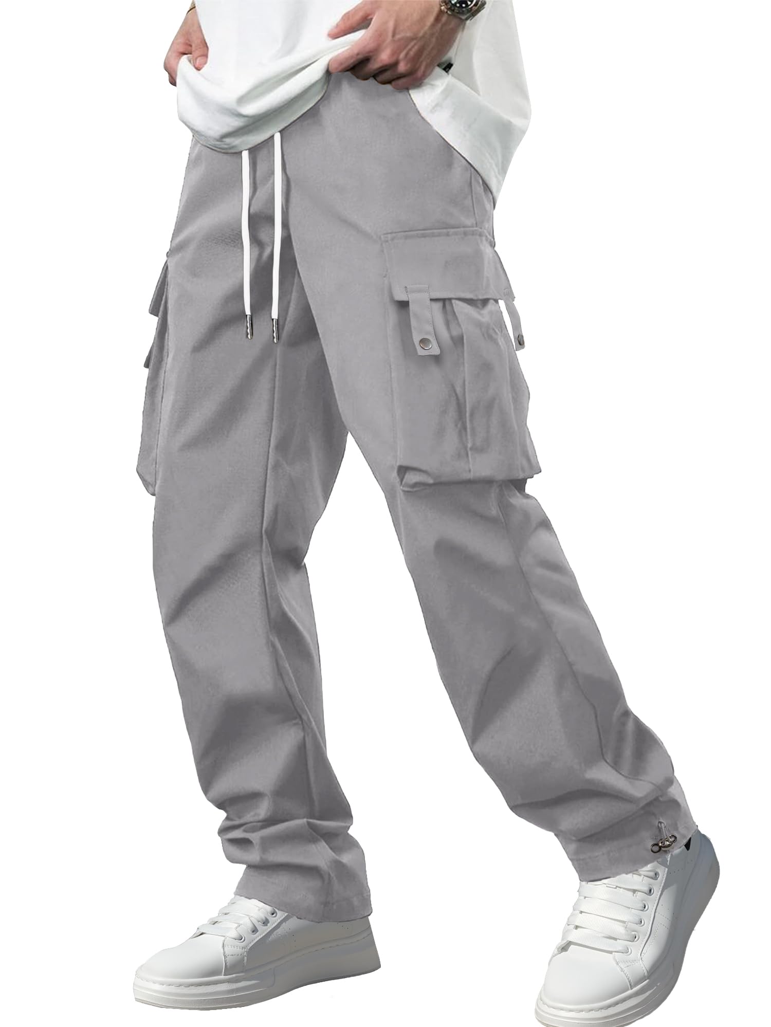 PLEPAN Men's Casual Cargo Pants with Drawstring