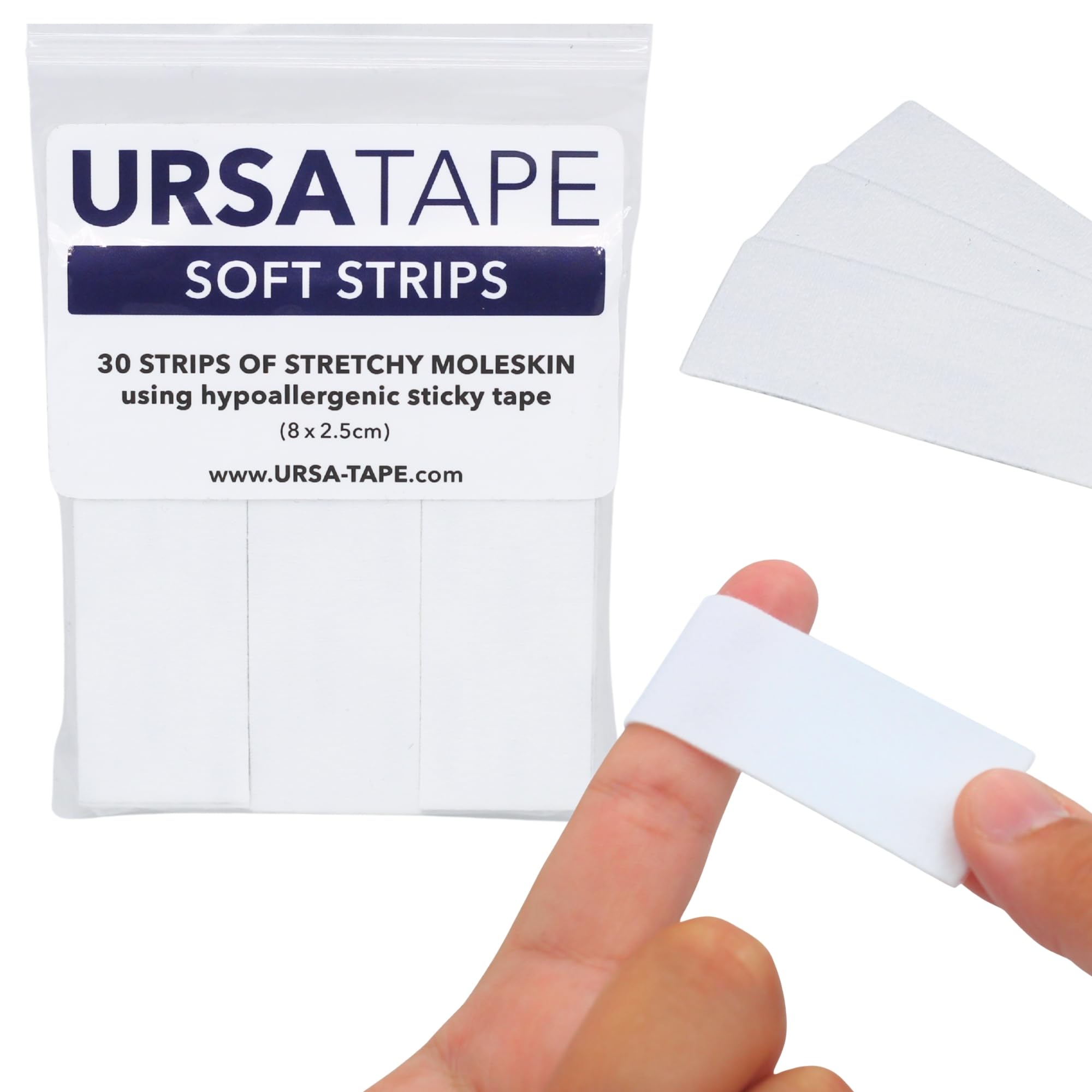 URSA Tape Soft Strips - Pack of 30 (White) | Stretchy Moleskin Fabric Tape | Heavy-Duty Blister Prevention Strips | No-Residue Bandages for Feet & Body | Adhesive Padding | 8 x 2.5 cm