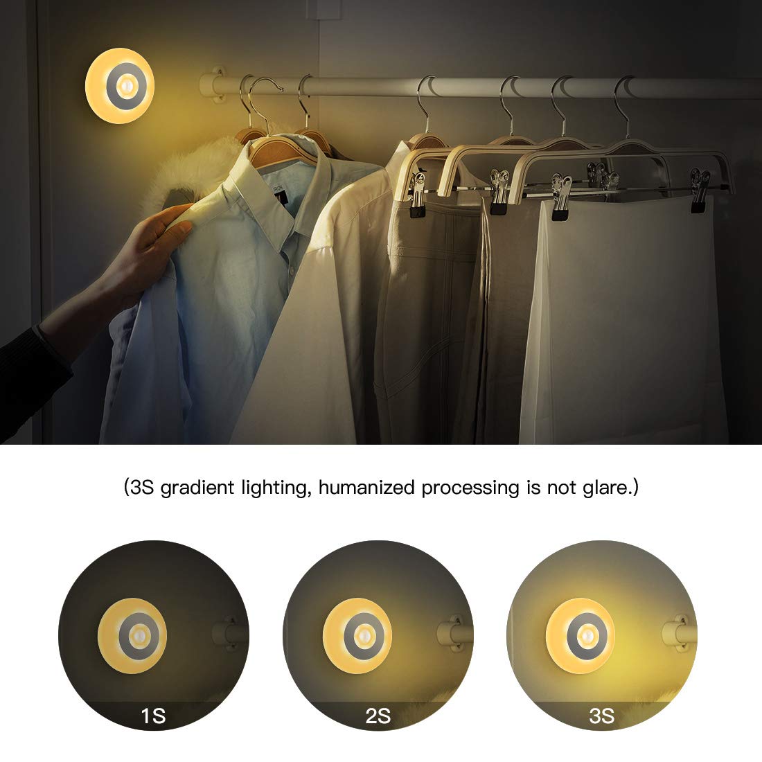 Wireless Motion Sensor Night Light, Battery-Powered LED Night Lights for Kids Girls, Magnet Stick-on Stick-Anywhere Closet Light for Stair, Kitchen, Hallway, Bathroom, Bedroom (2 Pack, Warm White)