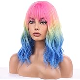 WTHCOS Ombre Rainbow Wigs for Women Girls Short Bob Wig Short Curly Wavy Wig With Bangs Colorful Wig Heat Resistant Synthetic Wigs for Cosplay Costume Party