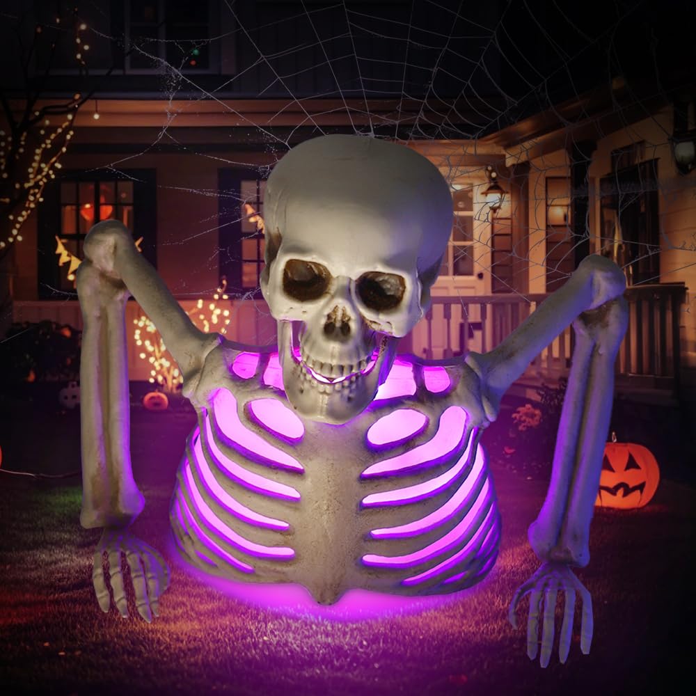 Photo 1 of 10 Inch Halloween Skeleton with Different Light Colors, Holiday Party Home Haunted House Yard Art, Indoor Lawn Stakes Garden Halloween Skeleton Decoration
