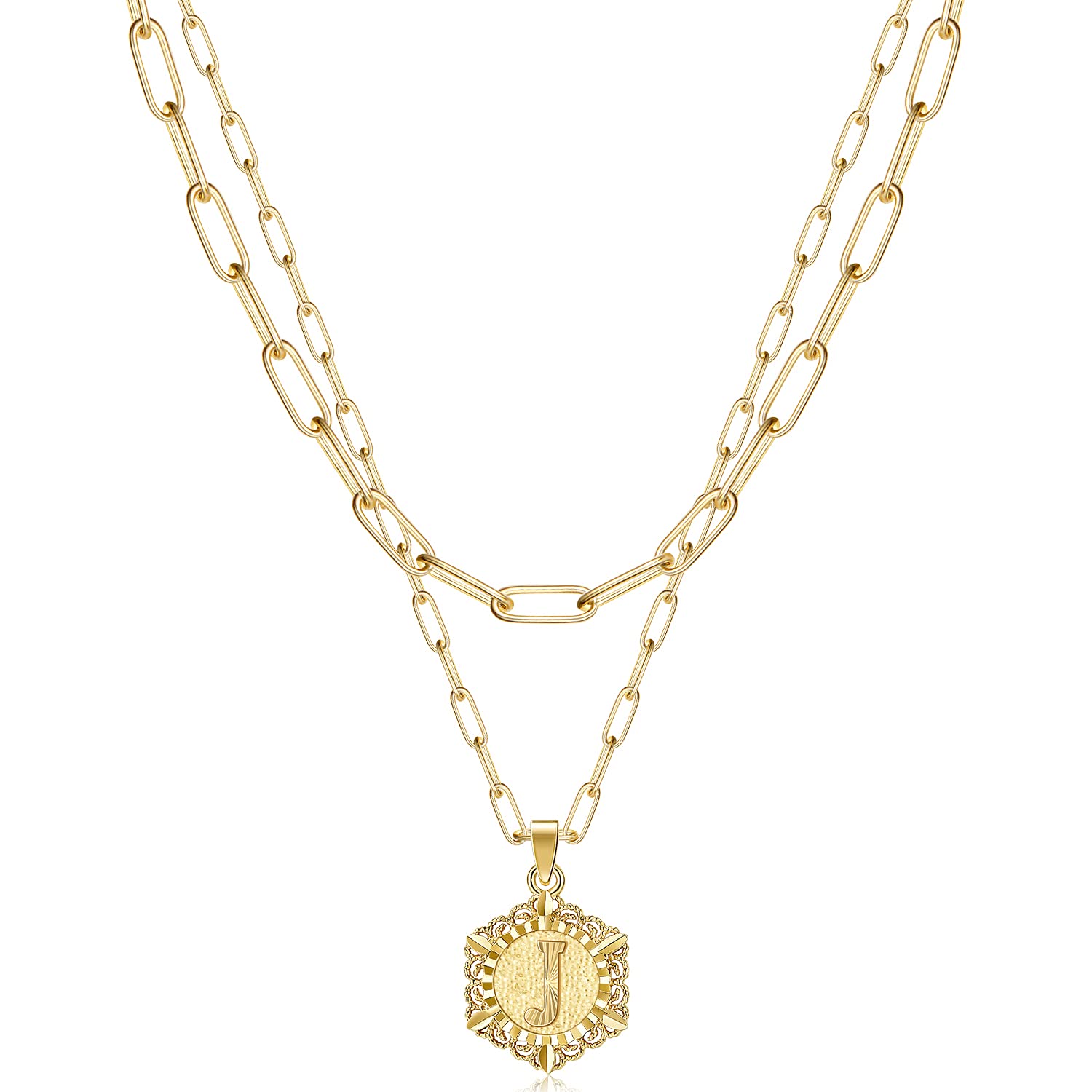 KissYan Initial Necklaces for Women, 14K Gold Plated Hexagon Letter Pendant Silver Chain Dainty Layered White Gold Paperclip Link Adjustable Capital A-Z Choker Necklace Trendy Jewelry Gifts