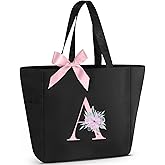 Vavabox Tote Bag, A-Z Initial Monogrammed Waterproof Tote Bag, Bridesmaid Gifts for Women, Black and Pink