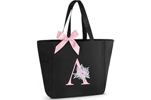 Vavabox Tote Bag, A-Z Initial Monogrammed Waterproof Tote Bag, Bridesmaid Gifts for Women, Black and Pink