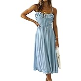 R.Vivimos Womens Summer Cotton Spaghetti Straps V-Neck Ruffle Casual Boho Midi Flowy Dress