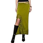 Floerns Women's Elegant Lace Long Skirt High Split Party Night Out Satin Skirt
