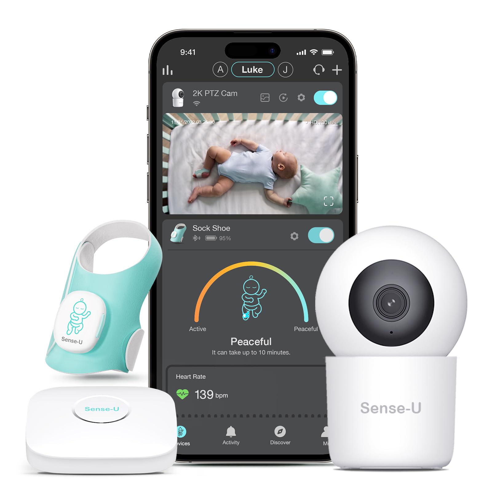 Sense-U Baby Sock Shoe Bundle Smart Baby Monitor: Sock Shoe Plus 2K PTZ Camera - Track Heart Rate, Sleep Movement, Heartbeat, Pan-Tilt-Zoom Video, AI Cry Detection, Audio