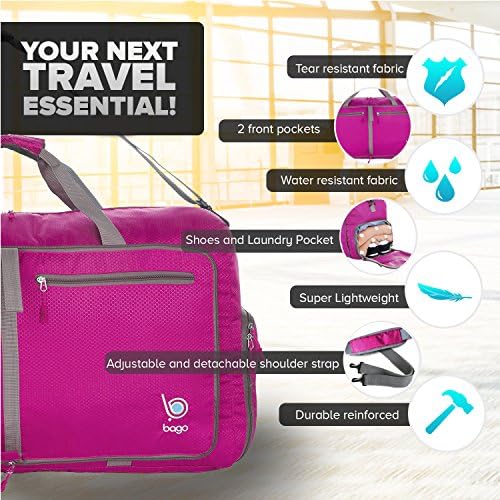 Bago 60L Sports & Travel Duffle Bag - Foldable Weekender Bag For Women & Men - Lightweight waterproof Shoe Pocket (Pink) 3 Bago 60L Sports & Travel Duffle Bag - Foldable Weekender Bag For Women & Men - Lightweight waterproof Shoe Pocket (Pink)