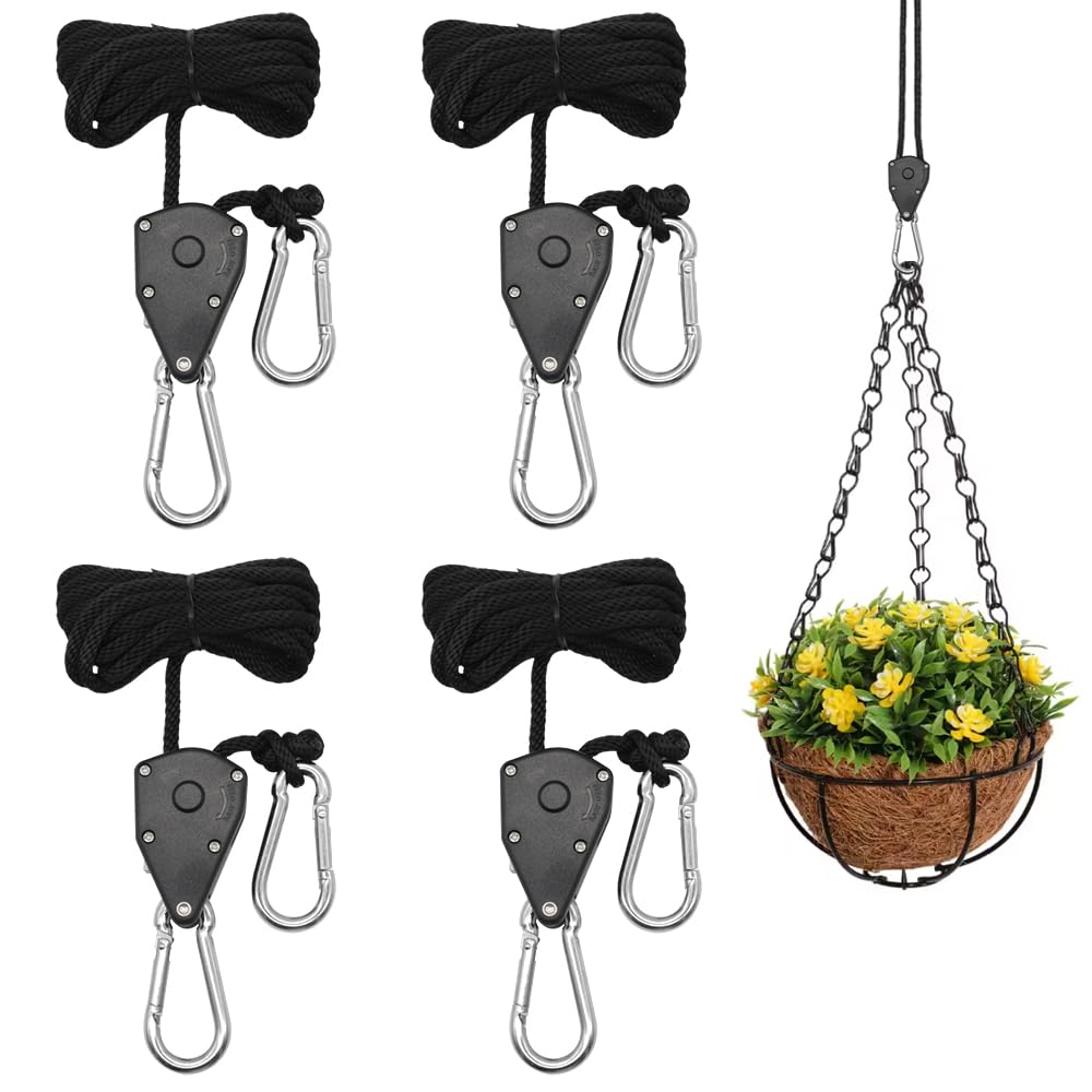 GYSRXS 4 PCS 1/8"Rope Ratchet Clip Hangers 2m Adjustable Rope Clip Hanger for Grow Room Equipment Flowers Plants,150lb Capacity of Each Pair(Black)