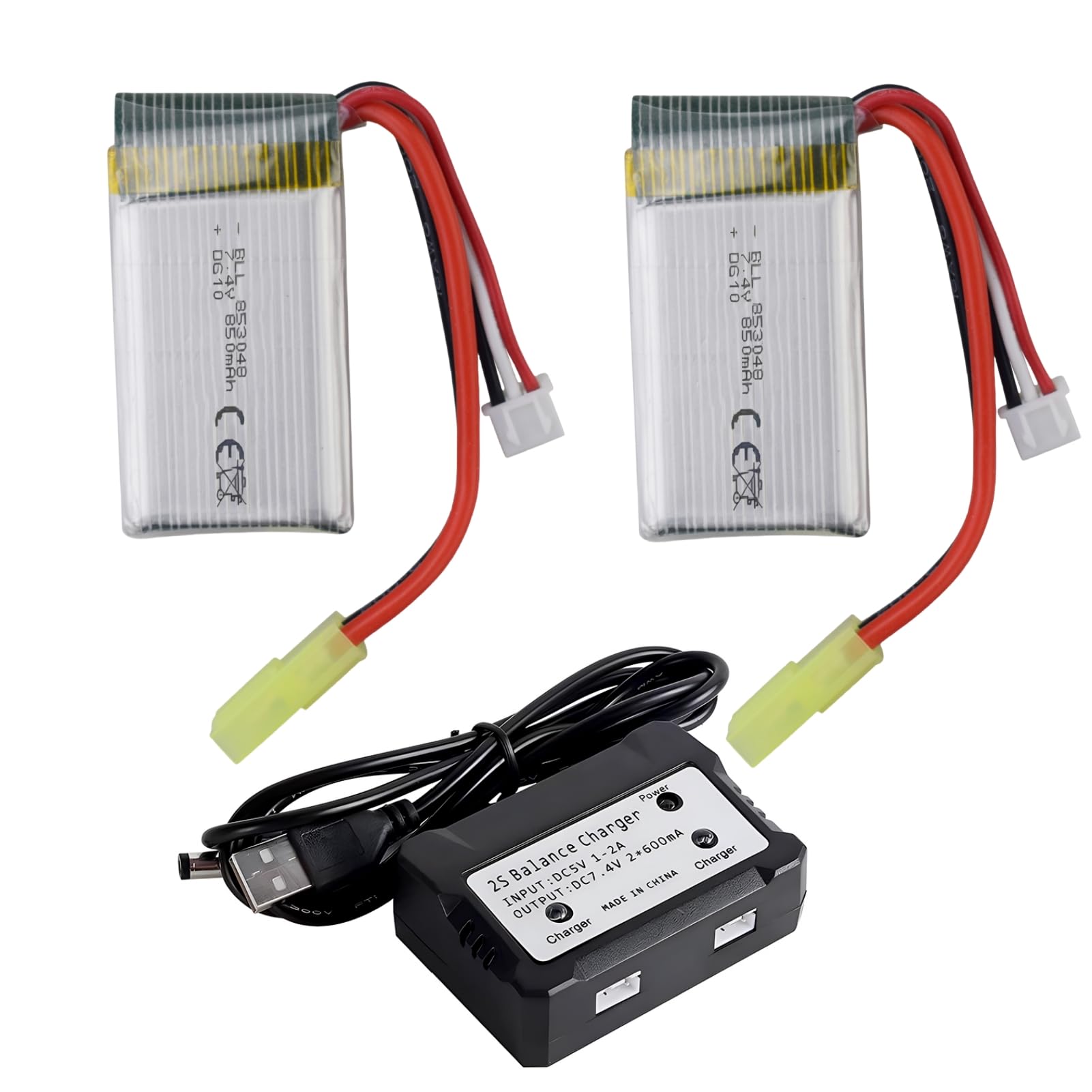 ZYGY 2PCS 7.4V 850mah lithium battery with 2 in 1 charger for 9300 9301E 9302E 9303E 9034E 9305E 2.4G 1:18 high-speed remote control car battery