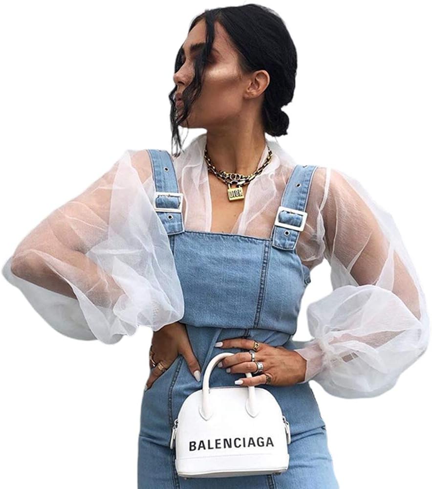 jumpjisper Women‘s Button Down Sheer See-Through Long Puff Sleeve TopsChiffon Casual Blouse Club T Shirts
