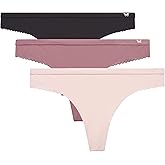 Jessica Simpson Women's Underwear Breathable Thongs, No Show Ladies Panties, Soft Microfiber Stretch Lace, Tanga, 3 Pack