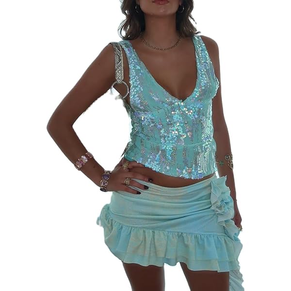 Engofs Damen Pailletten Tanktop - Glitzerndes Y2K Top Mit Perlen & Strass