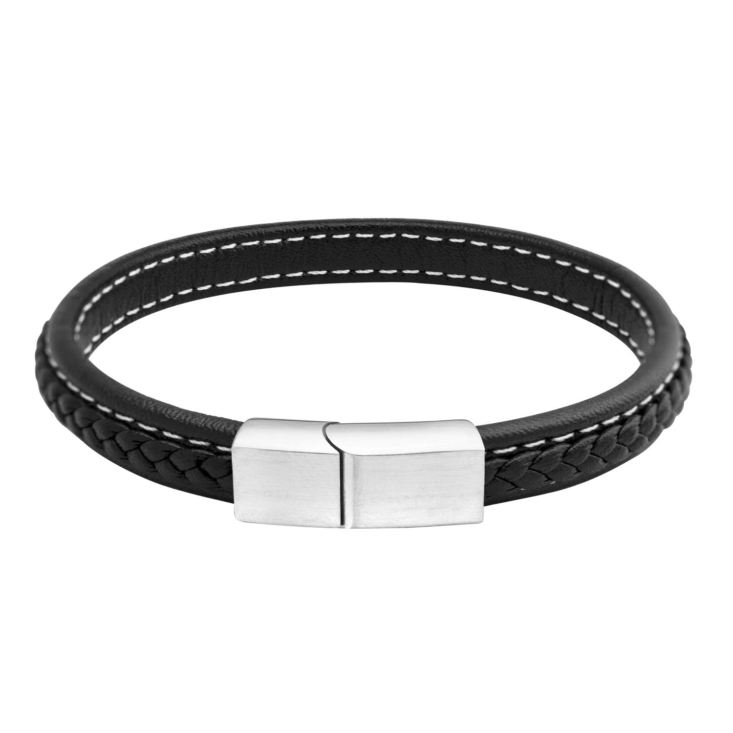 555Jewelry Mens Bracelets Leather and Steel, Magnetic Clasp Thin Narrow Braided & Stitched Black Leather Bracelets for Men, Mens Leather Bracelet, Men Bracelets, Silver, 8.25 Inch