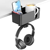 Clamp-on desk cup holder organizer with headphone hook