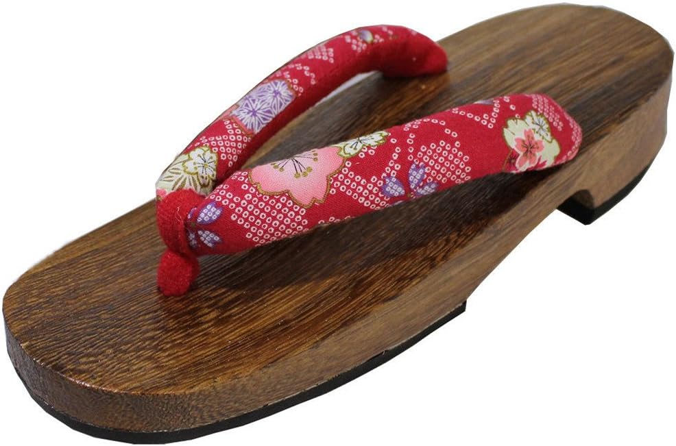 Women's Kiri Geta Dark Brown Wooden Sandal with Red Print Toe Straps US Size 5.5-6.5 (23-24cm)