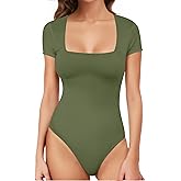 Womens Square Neck Bodysuit Short Sleeve Bodysuits For Women Sexy Going Out Thong Body Suit Tops Shirts Basic Clothing Tank Leotards Jumpsuits Bustier Tops Curvy Dupe Tummy Control Green Small