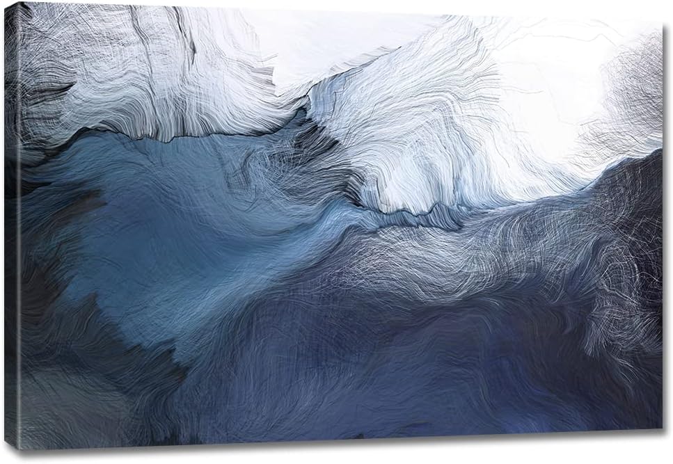 Paintings - Canvas Wall Art Abstract Art Paintings Navy Blue Block and Line Graffiti is Like Running Water on White Background Modern Artwork Decor for Living Room Bedroom Kitchen 30x20in