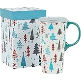 Voltogar Christmas Ceramic Coffee Mug Travel Cup with Handle & lid, Holiday Xmas-Tree Cup for Home & Office, 17oz Tall Tea Cup with Gift Box, Xmas Tree