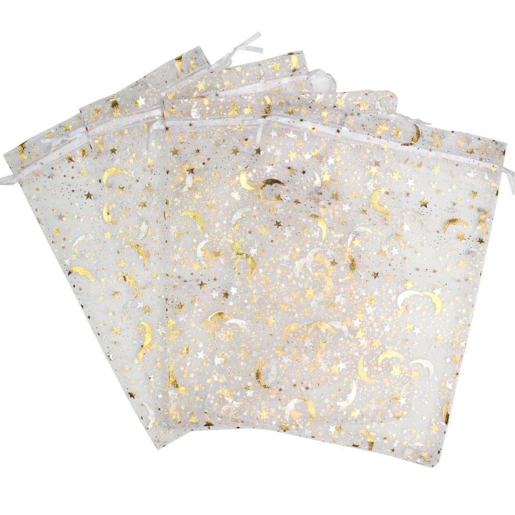 SUNGULF 100Pcs Sheer Organza Drawstring Pouches Stars and Moon Wedding Party Favor Jewelry Candy Gift Bags (6x9 inch, White)
