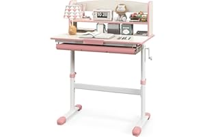 HONEY JOY Kids Desk, Children School Study Desk w/ 7-Level Tiltable Desktop, Height Adjustable Wooden Table w/Bookshelf & Pul