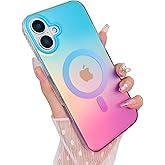 Heaofei Aesthetic Case for iPhone 16 Plus Case for Women Girls, Compatible with Magsafe, Cute Girly Trendy Glitter Sparkly Rainbow Magnetic Protective Phone Cover, Matte Iridescent Blue & Pink