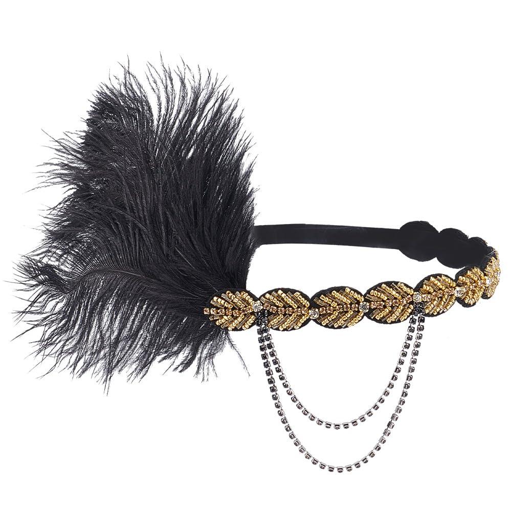 GOMAKERER 1 Pc Flapper Headpiece Roaring, Vintage Gold Black Feather Hairband Great Gatsby Headband 1920s Flapper Gatsby Hair Accessories for Women Party Decoration
