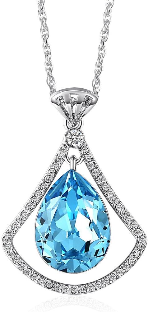 LeleKiss Women Necklace Teardrop Aquamarine Swarovski Crystal Birthstone with Fan-shaped Gold Plated Frame Pendant Necklace, 16''+2'' Extender