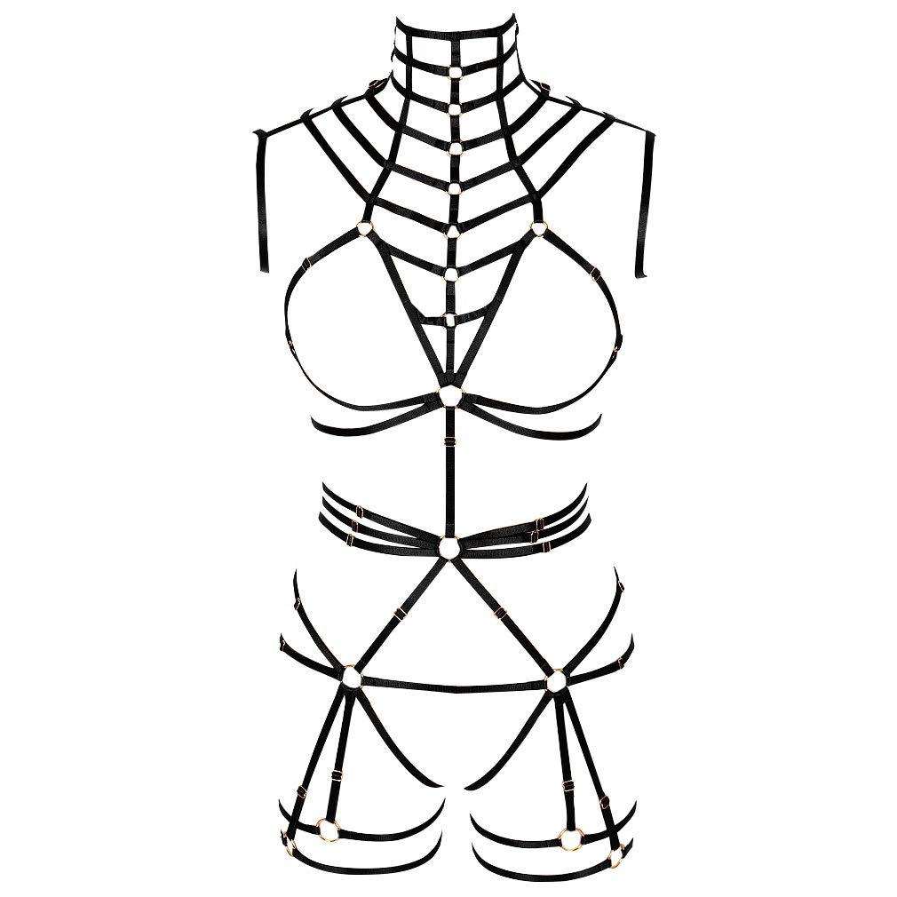 BANSSGOTH Women's Full Body Harness Bra Chest Strap Lingerie cage Set Leg Garter Punk Gothic Belt Festival Rave (Black)