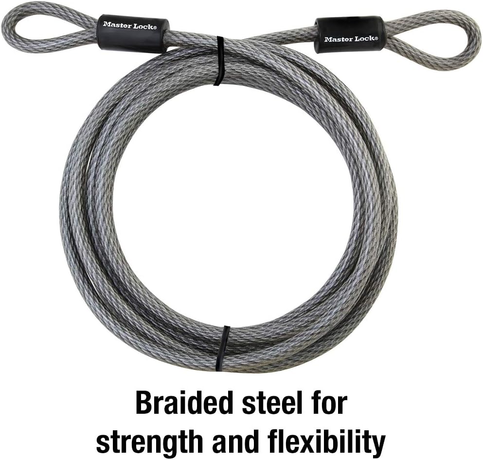 Master Lock Cable, Steel Cable With Looped Ends, 72DPF, Black, 15' x 3/8" Diameter - Security Cable - 