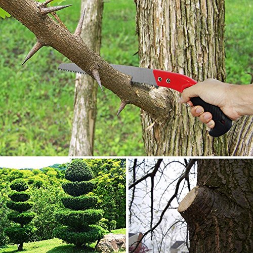 Pruning Saw with Sheath,VECOO Heavy Duty Gardening Saw 18.1 Inch Curved Blade Hand Saw Comfort Handle with Saw Blade Enclosure - Perfect for Trimming Trees, Plants, Shrubs, Wood, and More - Red Handle