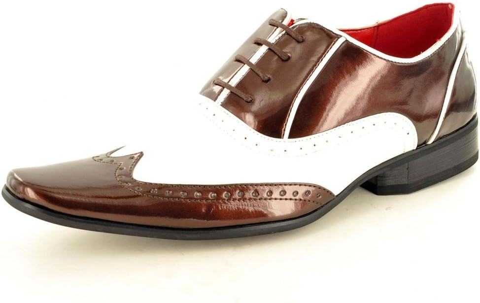 Mens Funky Brown/White Patent Shiny Spats Gatsby Lace Up Vintage Shoes (Size 6, Brown/White)