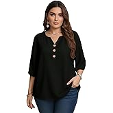 winkbay Women's Plus Size 3/4 Sleeve Blouses Dressy Casual Button Front Notched V Neck Work Tops