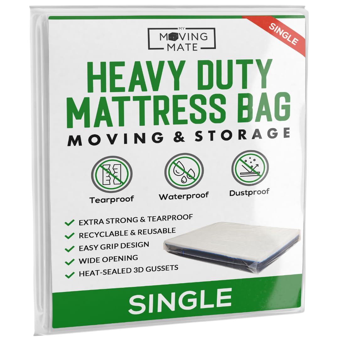 Mattress Bags For Moving & Storage (Single) - Heavy Duty Single Size Mattress Cover for Moving House & Self Store - Plastic Mattress Protector Bag - Strong, Reusable, Tearproof - 3ft