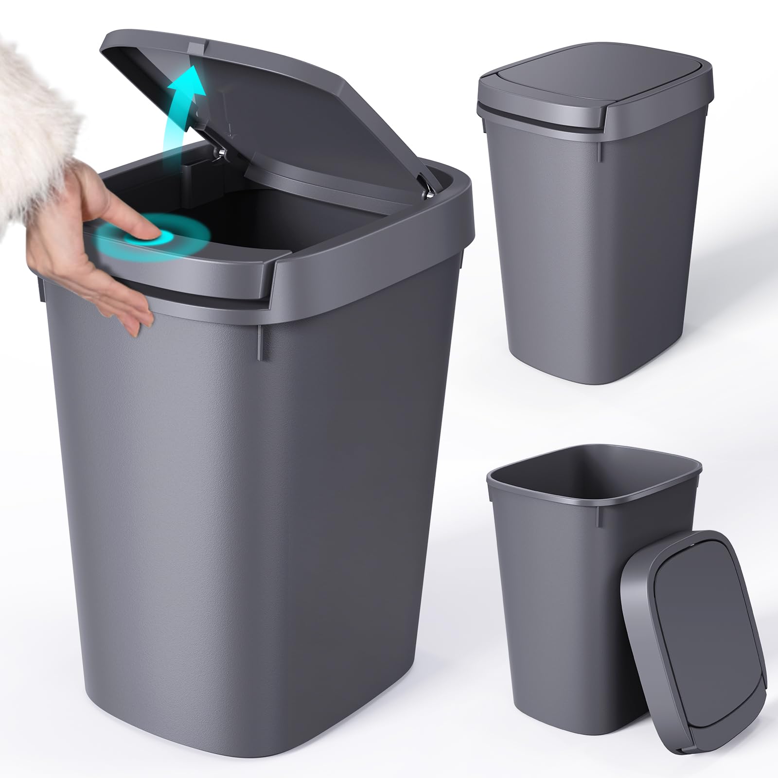 Photo 1 of CEROELDA 3 Pack Bathroom Trash Can with Lid, 10L/2.6 Gal Small Garbage Can with Press Top Lid, Slim Plastic Waste Basket for Toilet, Office, Bedroom (Grey, 3 Pack)