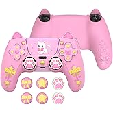 PlayVital Sweetheart Kitty Silicone Cover for ps5 Controller with 6 Joystick Caps and 6 Sticker, Soft Anti-Slip Full Protection Grip Skin Compatible with ps5 Charging Dock - Pink
