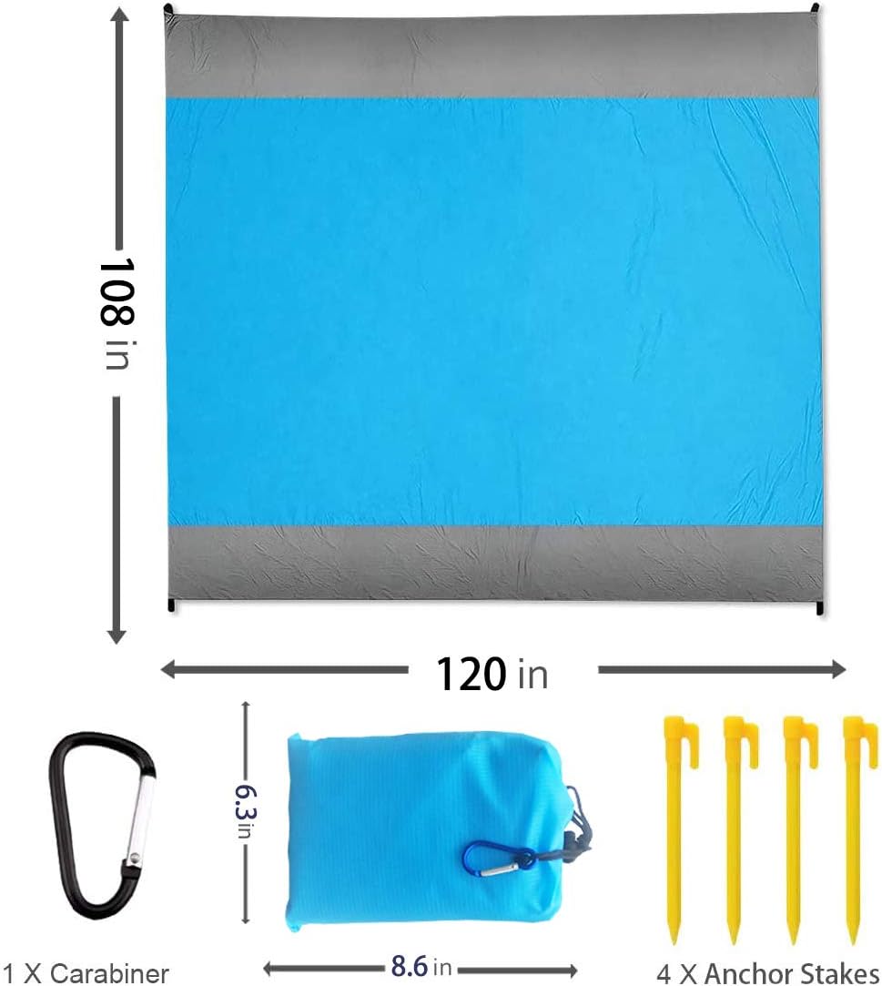 Fashion Beach Blanket, Oversize 108" x 120" for 10-12 Adult Waterproof Outdoor Portable Picnic Mat with 4 x Stakes & Corner Pockets - Beach Mat for Travel, Camping, Hiking, Music Festivals, BBQ (Blue): Kitchen & Dining